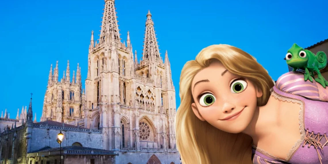 Ilustración de Rapunzel frente a la silueta de la Catedral de Burgos para el live action de Enredados