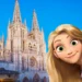 Ilustración de Rapunzel frente a la silueta de la Catedral de Burgos para el live action de Enredados