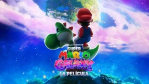 Logo de The Super Mario Galaxy Movie con Mario volando en el espacio
