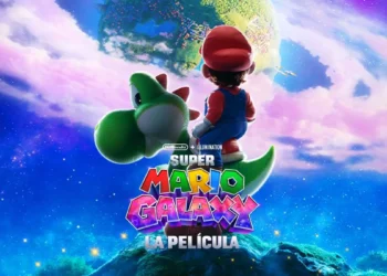 Logo de The Super Mario Galaxy Movie con Mario volando en el espacio